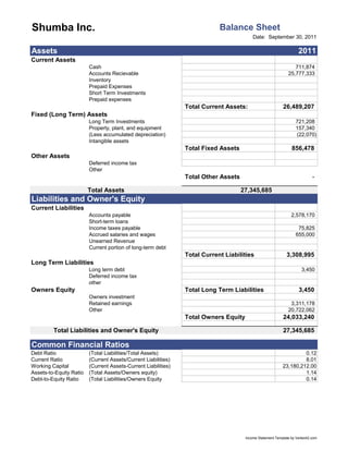 Shumba Inc.                                                                 Balance Sheet
                                                                                                Date: September 30, 2011

      Assets                                                                                                              2011
      Current Assets
                               Cash                                                                                    711,874
                               Accounts Recievable                                                                  25,777,333
                               Inventory
                               Prepaid Expenses
                               Short Term Investments
                               Prepaid expenses
                                                                      Total Current Assets:                      26,489,207
      Fixed (Long Term) Assets
                               Long Term Investments                                                                    721,208
                               Property, plant, and equipment                                                           157,340
                               (Less accumulated depreciation)                                                          (22,070)
                               Intangible assets
                                                                      Total Fixed Assets                              856,478
      Other Assets
                               Deferred income tax
                               Other
                                                                      Total Other Assets                                          -

                               Total Assets                                                27,345,685
42]   Liabilities and Owner's Equity
      Current Liabilities
                               Accounts payable                                                                       2,578,170
                               Short-term loans
                               Income taxes payable                                                                      75,825
                               Accrued salaries and wages                                                               655,000
                               Unearned Revenue
                               Current portion of long-term debt
                                                                      Total Current Liabilities                    3,308,995
      Long Term Liabilities
                               Long term debt                                                                               3,450
                               Deferred income tax
                               other
      Owners Equity                                                   Total Long Term Liabilities                         3,450
                               Owners investment
                               Retained earnings                                                                     3,311,178
                               Other                                                                                20,722,062
                                                                      Total Owners Equity                        24,033,240

               Total Liabilities and Owner's Equity                                                              27,345,685
                               [42]

42]   Common Financial Ratios
      Debt Ratio               (Total Liabilities/Total Assets)                                                           0.12
      Current Ratio            (Current Assets/Current Liabilities)                                                       8.01
      Working Capital          (Current Assets-Current Liabilities)                                              23,180,212.00
      Assets-to-Equity Ratio   (Total Assets/Owners equity)                                                               1.14
      Debt-to-Equity Ratio     (Total Liabilities/Owners Equity                                                           0.14




                                                                                            Income Statement Template by Vertex42.com
 