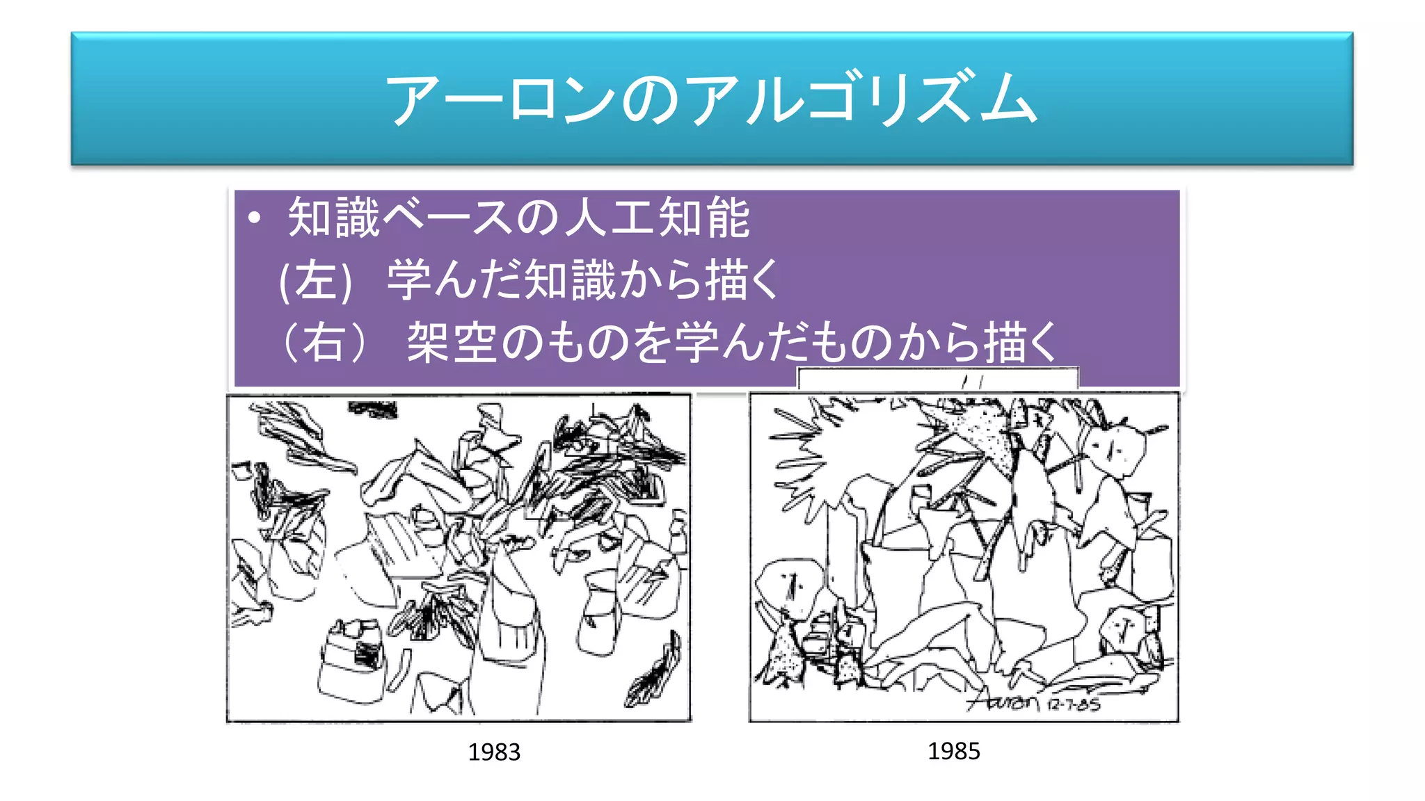 アーロンのアルゴリズム
• 知識ベースの人工知能
(左) 学んだ知識から描く
（右） 架空のものを学んだものから描く
19851983
 
