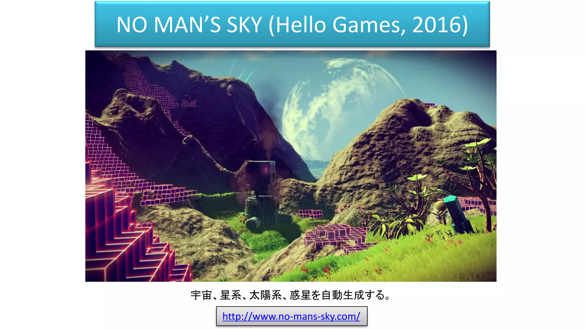 NO MAN’S SKY (Hello Games, 2016)
http://www.no-mans-sky.com/
宇宙、星系、太陽系、惑星を自動生成する。
 
