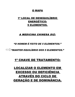 O MAPA 
1º LOCAL DE DESEQUILÍBRIO 
ENERGÉTICO: 
5 ELEMENTOS. 
A MEDICINA CHINESA DIZ : 
“O HOMEM É FEITO DE 5 ELEMENTOS.” 
“MANTER EQUILÍBRIO DOS 5 ELEMENTOS.” 
1º CHAVE DE TRATAMENTO: 
LOCALIZAR O ELEMENTO EM 
EXCESSO OU DEFICIÊNCIA 
ATRAVÉS DO CICLO DE 
GERAÇÃO E DE DOMINÂNCIA. 
 