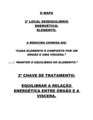O MAPA 
2º LOCAL DESEQUILÍBRIO 
ENERGÉTICO: 
ELEMENTO. 
A MEDICINA CHINESA DIZ: 
“CADA ELEMENTO É COMPOSTO POR UM 
ÓRGÃO E UMA VÍSCERA.” 
“MANTER O EQUILÍBRIO DO ELEMENTO.” 
2º CHAVE DE TRATAMENTO: 
EQUILIBRAR A RELAÇÃO 
ENERGÉTICA ENTRE ÓRGÃO E A 
VISCERA. 
 