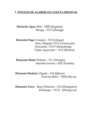 1. PONTOS DE ALARME OU COLETA FRONTAL 
Elemento Água: Rim - VB25 (Jingmen) 
Bexiga – VC3 (Zhongji) 
Elemento Fogo: Coração – VC14 (Juque) 
Intes. Delgado–VC4 (Guanyuan) 
Pericárdio –VC17 (Shanzhong) 
Triplo Aquecedor – VC5 (Shimen) 
Elemento Metal: Pulmão - P1 ( Zhongfu) 
Intestino Grosso – E25 (Tianshu) 
Elemento Madeira: Fígado – F14 (Qimen) 
Vesícula Biliar – VB24 (Riyue) 
Elemento Terra: Baço/Pâncreas – F13 (Zhangmen) 
Estômago – VC12 (Zhongwan) 
 