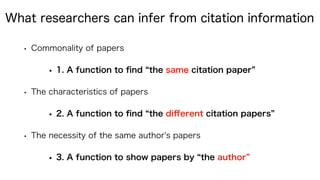 What researchers can infer from citation information
• Commonality of papers
• 1. A function to ﬁnd the same citation paper
• The characteristics of papers
• 2. A function to ﬁnd the diﬀerent citation papers
• The necessity of the same author's papers
• 3. A function to show papers by the author
 