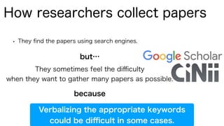 • They ﬁnd the papers using search engines.
How researchers collect papers
but…
They sometimes feel the diﬃculty
when they want to gather many papers as possible.
because
Verbalizing the appropriate keywords
could be diﬃcult in some cases.
 