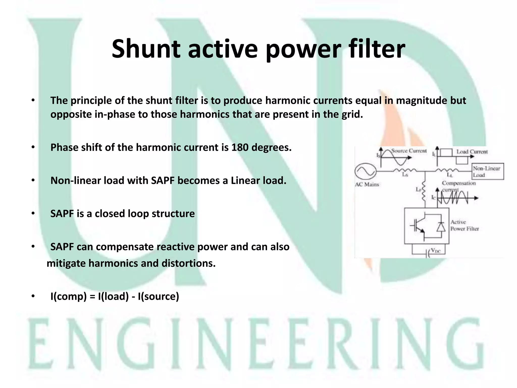 Shunt active power filter
•

The principle of the shunt filter is to produce harmonic currents equal in magnitude but
opposite in-phase to those harmonics that are present in the grid.

•

Phase shift of the harmonic current is 180 degrees.

•

Non-linear load with SAPF becomes a Linear load.

•

SAPF is a closed loop structure

•

•

SAPF can compensate reactive power and can also
mitigate harmonics and distortions.
I(comp) = I(load) - I(source)

 