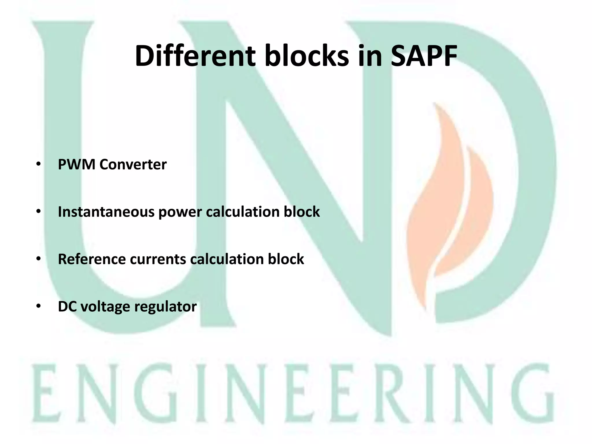 Different blocks in SAPF
• PWM Converter
• Instantaneous power calculation block

• Reference currents calculation block
• DC voltage regulator

 