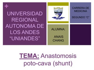 +
UNIVERSIDAD
REGIONAL
AUTONOMA DE
LOS ANDES
“UNIANDES”
TEMA: Anastomosis
poto-cava (shunt)
CARRERA DE
MEDICINA
SEGUNDO “C”
ALUMNA:
ANAIS
CHANG
 