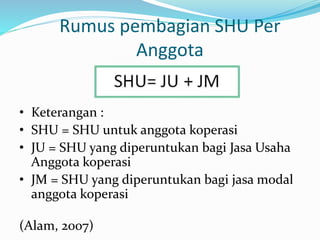 Rumus pembagian SHU Per
Anggota
• Keterangan :
• SHU = SHU untuk anggota koperasi
• JU = SHU yang diperuntukan bagi Jasa Usaha
Anggota koperasi
• JM = SHU yang diperuntukan bagi jasa modal
anggota koperasi
(Alam, 2007)
 