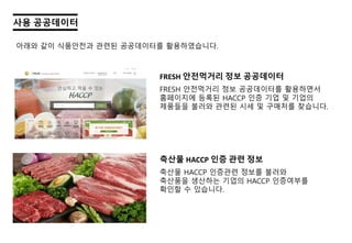 사용 공공데이터
아래와 같이 식품안전과 관련된 공공데이터를 활용하였습니다.
축산물 HACCP	인증 관련 정보
FRESH	안전먹거리 정보 공공데이터
FRESH 안전먹거리 정보 공공데이터를 활용하면서
홈페이지에 등록된 HACCP 인증 기업 및 기업의
제품들을 불러와 관련된 시세 및 구매처를 찾습니다.
축산물 HACCP 인증관련 정보를 불러와
축산품을 생산하는 기업의 HACCP 인증여부를
확인할 수 있습니다.
 