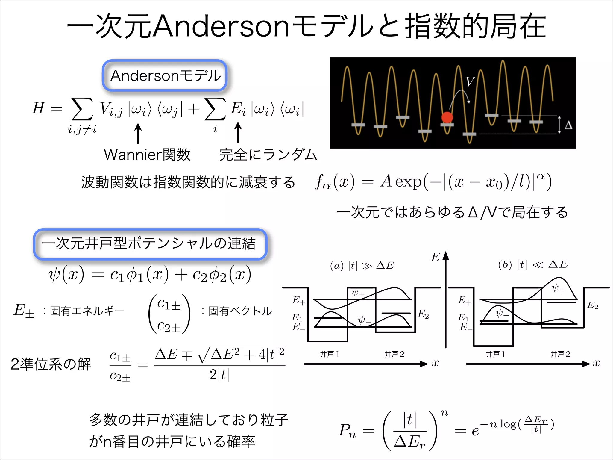V
 H=            Vi,j |ωi ωj | +       Ei |ωi ωi |
       i,j=i                     i



                                                     fα (x) = A exp(−|(x − x0 )/l)|α )



                                                                            E
                                                       (a) |t|    ∆E                        (b) |t|   ∆E
     ψ(x) = c1 φ1 (x) + c2 φ2 (x)
                                                            ψ+                                        ψ+

E±                     c1±                      E+                                  E+                     E2
                                                E1                     E2           E1     ψ−
                                                             ψ−
                       c2±                      E−                                  E−

                c1±   ∆E         ∆E 2 + 4|t|2
                    =                                                       x                               x
                c2±              2|t|

                                                                                n
                                                                    |t|                  −n log( ∆Er )
                                                         Pn =                       =e            |t|
                                                                   ∆Er
 