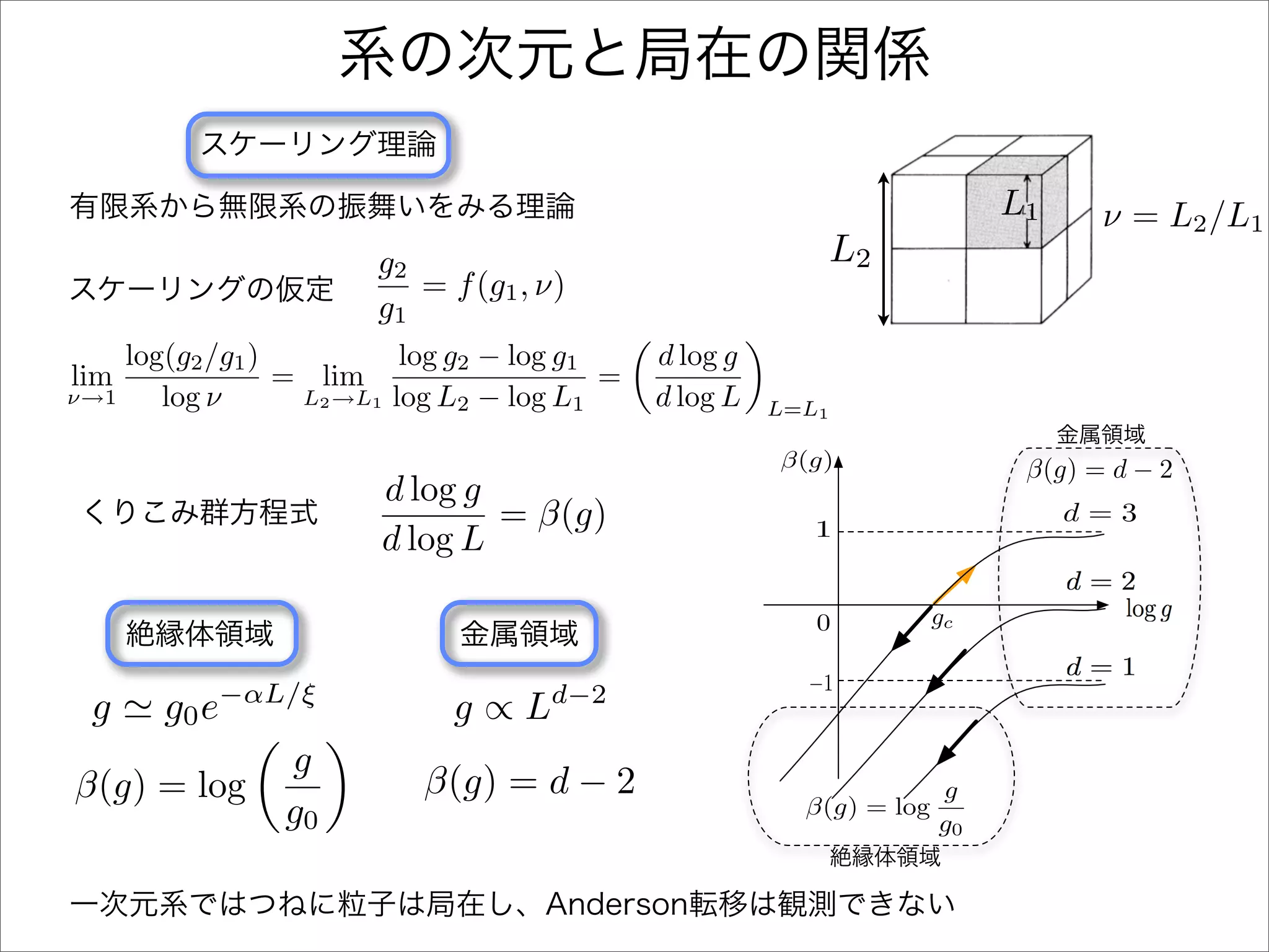 L1     ν = L2 /L1
                        g2                                     L2
                           = f (g1 , ν)
                        g1
    log(g2 /g1 )          log g2 − log g1     d log g
lim              = lim                    =
ν→1    log ν      L2 →L1 log L2 − log L1      d log L   L=L1

                                                        β(g)               β(g) = d − 2
                        d log g
                                = β(g)                     1
                                                                               d=3
                        d log L
                                                                               d=2
                                                                    gc           log g
                                                           0
                                                                               d=1
                                                          −1
 g   g0 e−αL/ξ                g ∝ Ld−2
            g
β(g) = log                 β(g) = d − 2                              g
            g0                                            β(g) = log
                                                                     g0
 