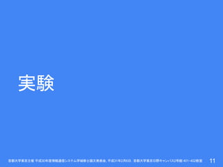 実験
首都大学東京主催 平成30年度情報通信システム学域修士論文発表会, 平成31年2月6日，首都大学東京日野キャンパス2号館 401・402教室 11
 