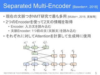 • 現在の文脈つきNMT研究で最も多用 [Müller+, 2018, 英独等]
• 2つのEncoderを使って2文の情報を取得
• Encoder: 入力文を読み込む
• 文脈Encoder: 1つ前の文（文脈文）を読み込む
• それぞれに対してAttentionを計算して生成時に使用
首都大学東京主催 平成30年度情報通信システム学域修士論文発表会, 平成31年2月6日，首都大学東京日野キャンパス2号館 401・402教室 5
Separated Multi-Encoder [Bawden+, 2018]
 
