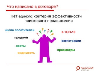 Что написано в договоре? Нет  единого  критерия эффективности поискового продвижения продажи хосты регистрации в ТОП-10 просмотры число посетителей видимость 