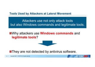Copyright ©2017 JPCERT/CC All rights reserved.
Tools Used by Attackers at Lateral Movement
 Why attackers use Windows commands and
legitimate tools?
 They are not detected by antivirus software.
12
Attackers use not only attack tools
but also Windows commands and legitimate tools.
 