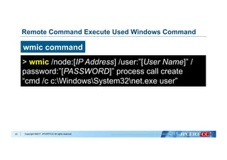 Copyright ©2017 JPCERT/CC All rights reserved.
Remote Command Execute Used Windows Command
23
wmic command
> wmic /node:[IP Address] /user:”[User Name]” /
password:”[PASSWORD]” process call create
“cmd /c c:WindowsSystem32net.exe user”
 