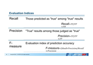 Copyright ©2017 JPCERT/CC All rights reserved.
Evaluation Indices
Recall Those predicted as "true" among "true" results
Precision "True" results among those judged as "true"
F-
measure
Evaluation index of prediction accuracy
60
Recall=​ 𝑇 𝑃/𝑇𝑃
+ 𝐹𝑁 
Precision=​ 𝑇 𝑃/𝑇𝑃
+ 𝐹𝑃 
F-measure=​2 𝑅𝑒𝑎𝑙𝑙∗ 𝑃𝑟𝑒𝑐𝑖𝑠𝑖𝑜𝑛/𝑅𝑒𝑐𝑎𝑙𝑙
+ 𝑃𝑟𝑒𝑐𝑖𝑠𝑖𝑜𝑛 
 