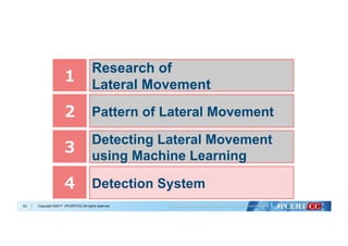 Copyright ©2017 JPCERT/CC All rights reserved.63
１
Research of
Lateral Movement
２ Pattern of Lateral Movement
３
Detecting Lateral Movement
using Machine Learning
４ Detection System
 