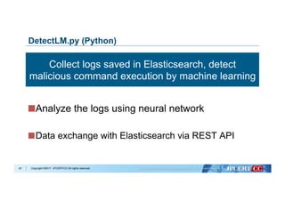 Copyright ©2017 JPCERT/CC All rights reserved.
DetectLM.py (Python)
 Analyze the logs using neural network
 Data exchange with Elasticsearch via REST API
67
Collect logs saved in Elasticsearch, detect
malicious command execution by machine learning
 