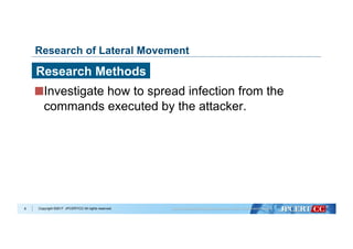 Copyright ©2017 JPCERT/CC All rights reserved.
Research of Lateral Movement
 Investigate how to spread infection from the
commands executed by the attacker.
8
Research Methods
 
