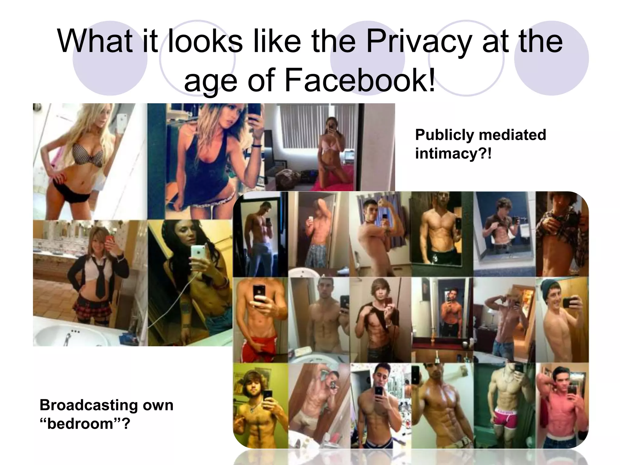 What it looks like the Privacy at the
age of Facebook!
Publicly mediated
intimacy?!
Broadcasting own
“bedroom”?
 