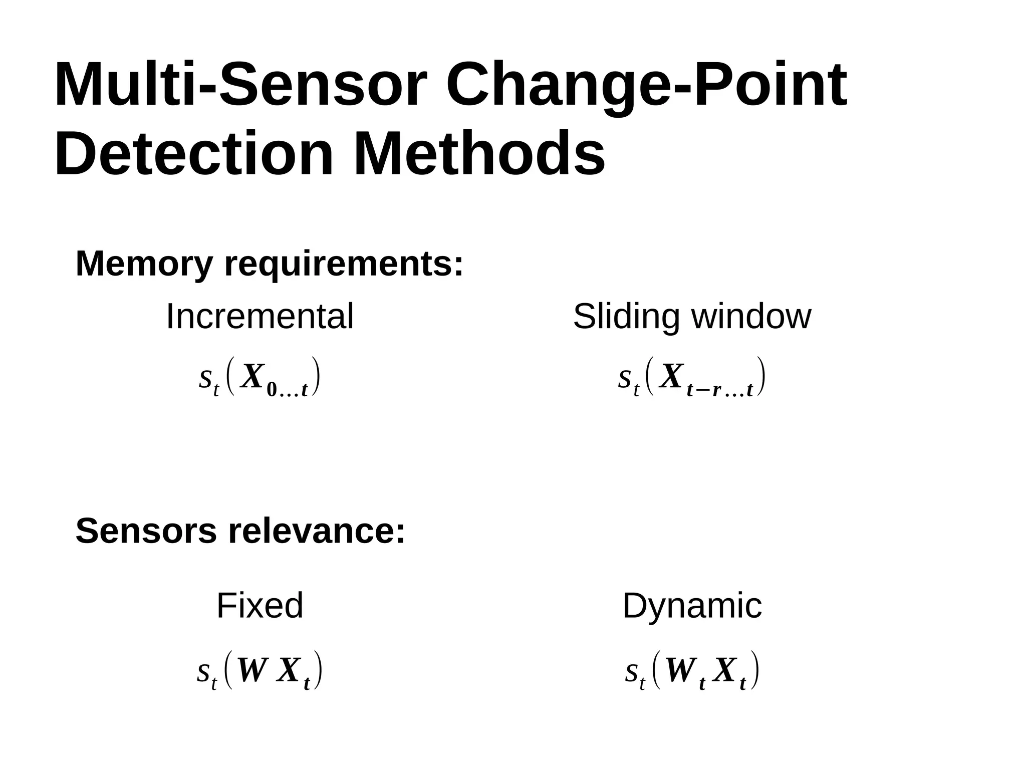 Multi-Sensor Change-Point 
Detection Methods 
Memory requirements: 
Incremental Sliding window 
st (X0…t) st (Xt−r…t) 
Sensors relevance: 
Fixed Dynamic 
st (W Xt) st (Wt Xt ) 
 