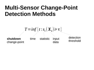 Multi-Sensor Change-Point 
Detection Methods 
T=inf {t : st (Xt )⩾τ } 
time input 
data 
detection 
threshold 
shutdown statistic 
change-point 
 