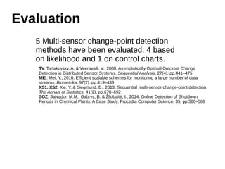 Evaluation 
5 Multi-sensor change-point detection 
methods have been evaluated: 4 based 
on likelihood and 1 on control charts. 
TV: Tartakovsky, A. & Veeravalli, V., 2008. Asymptotically Optimal Quickest Change 
Detection in Distributed Sensor Systems. Sequential Analysis, 27(4), pp.441–475 
MEI: Mei, Y., 2010. Efficient scalable schemes for monitoring a large number of data 
streams. Biometrika, 97(2), pp.419–433 
XS1, XS2: Xie, Y. & Siegmund, D., 2013. Sequential multi-sensor change-point detection. 
The Annals of Statistics, 41(2), pp.670–692 
SGZ: Salvador, M.M., Gabrys, B. & Žliobaitė, I., 2014. Online Detection of Shutdown 
Periods in Chemical Plants: A Case Study. Procedia Computer Science, 35, pp.580–588 
 