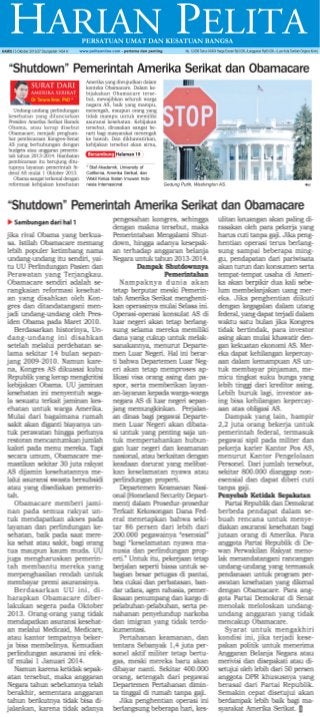 “Shutdown” pemerintah amerika serikat dan obamacare (harian pelita 3 oktober 2013 halaman 1 19) by taruna ikrar 2013 10-02 hal 01