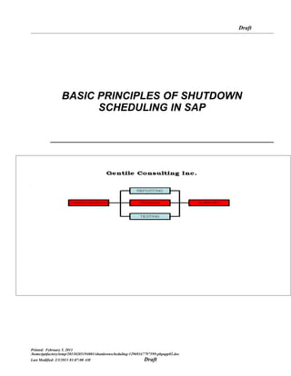 Draft




                  BASIC PRINCIPLES OF SHUTDOWN
                        SCHEDULING IN SAP

           ______________________________________________________________________




Printed: February 5, 2011
/home/pptfactory/temp/20110205194001/shutdownscheduling-12969347797599-phpapp02.doc
Last Modified: 2/3/2011 01:07:00 AM                            Draft
 