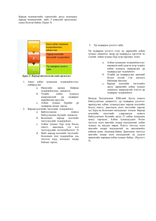 Карьер төлөвлөлтийн стратегийн дагуу компанид
карьер төлөвлөлтийг хийх 3 алхамтай аргачлалыг
санал болгож байна. (Зураг 3)
Зураг 3. Карьер төлөвлөлт хийх аргачлал
1. Ажил албан тушаалын тодорхойлолтыг
сайжруулах
a. Өнөөгийн ажлын байрны
тодорхойлолтыг шинжлэх.
b. Тухайн албан тушаалд
шаардлагатай ур чадварыг
нарийвчлан оруулах.
c. Албан тушаал бүрийн ур
чадварын ялгааг гаргах.
2. Карьер өсөлтийн чиглэлийг тодорхойлох
a. Байгууллагын зохион
байгуулалтын бүтцийг шинжлэх
b. Боломжит карьер өсөлтийн
чиглэлүүдийг тодорхойлох
c. Албан тушаал бүр дээр босоо,
хэвтээ, диагональ гэх мэт
чиглэлүүдийг тогтоох(Хүснэгт 5)
d. Нийт карьер өсөлтийн чиглэлийг
боломжит тоог тодорхойлж аль
чиглэлд илүү магадлал өндөр
байгааг гаргах.
3. Ур чадварын үнэлгээ хийх
Ур чадварын үнэлгээ гэдэг нь дараагийн албан
тушаал дэвшихэд ямар ур чадварууд хэрэгтэй вэ
гэдгийг албан тушаал бүр дээр гаргахыг хэлнэ
a. Албан тушаалын тодорхойлолтыг
шинжилсэний үндсэн дээр тухайн
албан тушаалд шаардагдах ур
чадваруудыг тодохойлох
b. Тухайн ур чадваруудыг ерөнхий
болон тусгай гэж ангилах
байдлаар жагсаах.
c. Карьер өсөлтийн чиглэлийн
дагуу дараагийн албан тушаал
дэвшихэд шаардлагтай нэмэлт ур
чадварыг тодорхойлох.
Номадс Хоспиталити ХХК-ний бүтэц зохион
байгуулалтын шижилгээ, ур чадварын үнэлгээг
харьцуулан албан тушаалуудын карьер өсөлтийн
босоо, хэвтээ, диагональ өсөх чиглэлийг гаргаж
тус бүрд нь боломжит магадлалыг тооцов. Карьер
өсөлтийн чиглэлийг удирдлагын зохион
байгуулалтын бүтцийн дагуу 21 албан тушаалын
хувьд гаргасан. Албан тушаалуудын босоо
чиглэлд өсөх хамгийн өндөр магадлалтай албан
тушаал нь кассын нярав. Хэвтээ чиглэлд өсөх
хамгийн өндөр магадлалтай нь хангамжийн
албаны ахлах менежер байна. Диагональ чиглэлд
хамгийн өндөр өсөх магадлалтай нь үндсэн
хөрөнгийн няравын албан тушаал байна. (Хүснэгт
5).
 