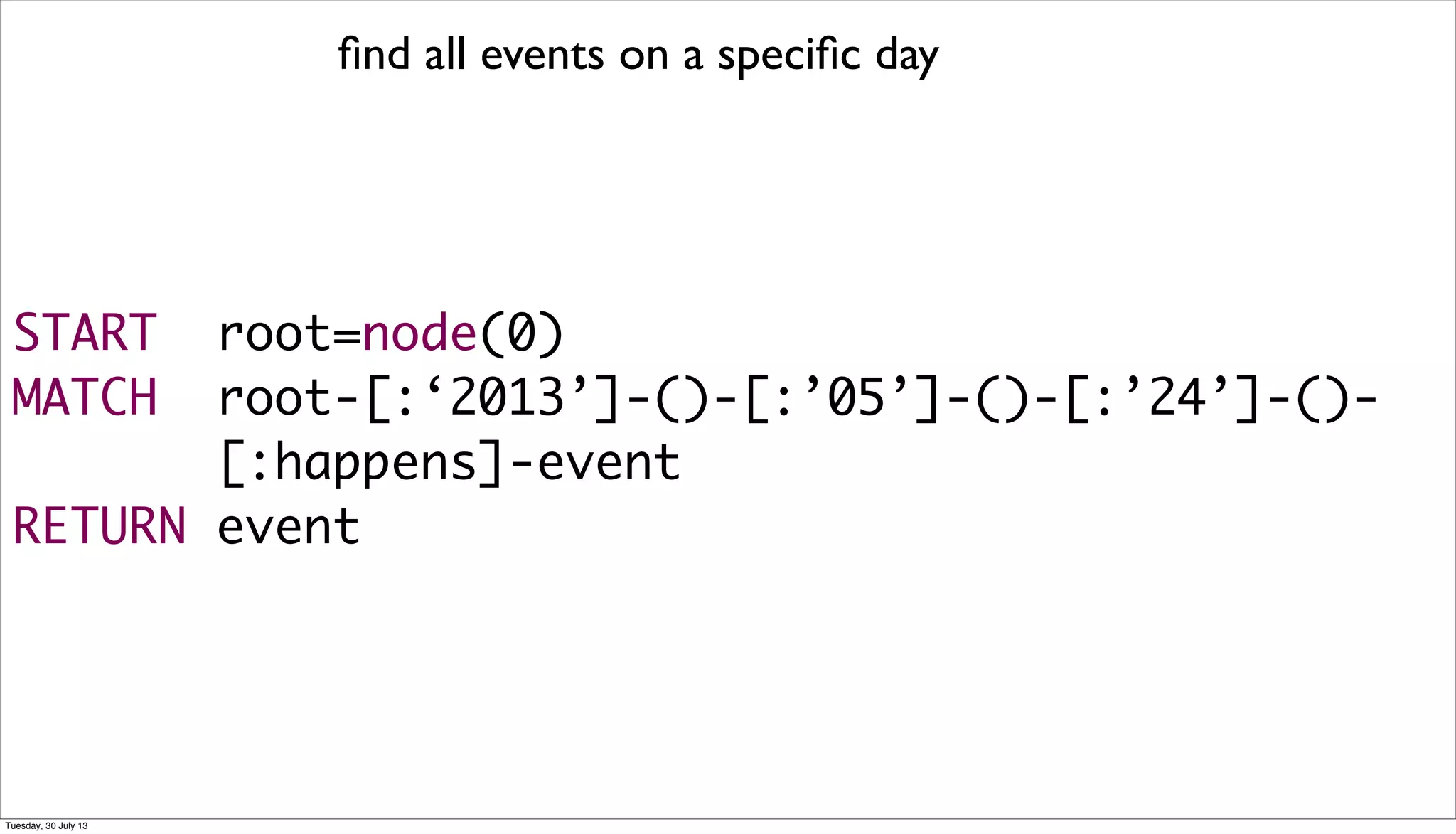 ﬁnd all events on a speciﬁc day
START root=node(0)
MATCH root-[:‘2013’]-()-[:’05’]-()-[:’24’]-()-
[:happens]-event
RETURN event
Tuesday, 30 July 13
 