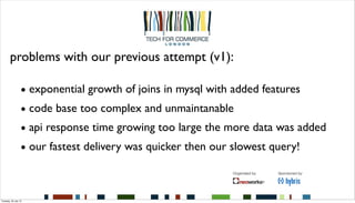 • exponential growth of joins in mysql with added features
• code base too complex and unmaintanable
• api response time growing too large the more data was added
• our fastest delivery was quicker then our slowest query!
problems with our previous attempt (v1):
Tuesday, 30 July 13
 