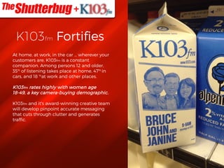 K103fm Fortifies
At home, at work, in the car ... wherever your
customers are, K103fm is a constant
companion. Among persons 12 and older,
35%
of listening takes place at home, 47%
in
cars, and 18 %
at work and other places.
K103fm rates highly with women age
18-49, a key camera-buying demographic.
K103fm and it's award-winning creative team
will develop pinpoint accurate messaging
that cuts through clutter and generates
traffic.