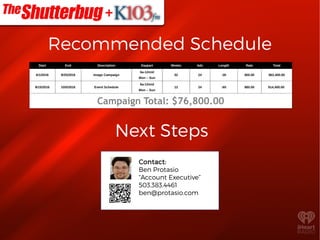 Recommended Schedule
Start End Description Daypart Weeks Ads Length Rate Total
6/1/2016 9/25/2016 Image Campaign
6a-12mid
Mon – Sun
52 24 :30 $50.00 $62,400.00
8/15/2016 10/5/2016 Event Schedule
6a-12mid
Mon – Sun
12 24 :60 $85.00 $14,400.00
Campaign Total: $76,800.00
Next Steps
Contact:
Ben Protasio
“Account Executive”
503.383.4461
ben@protasio.com