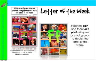 Letter of the Week
                                                                        WALT identify and describe
                                                                       words & things that start with
                                                                           our letter of the week
    http://mic-whakarongo.wikispaces.com/Junior+Goals+and+Examples




                                                                                                                  Students plan
                                                                                                                  and then take
                                                                                                                  photos in pairs
                                                                                                                  or small groups
                                                                                                                   to depict the
                                                                                                                    letter of the
                                                                                                                       week.
                                                                     Older classes could adapt this
                                                                       and take photos to show
                                                                           blend knowledge.


Thursday, 10 May 12
 