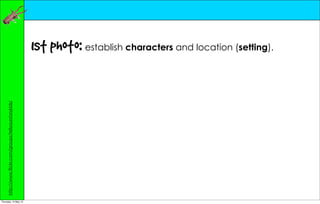 1st photo: establish characters and location (setting).
     http://www.flickr.com/groups/tellyourstorykids/




Thursday, 10 May 12
 
