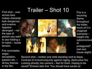 First shot – scar         Trailer – Shot 10                            Fire is a
across face                                                            recurring
makes character                                                        theme
look dangerous                                                         throughout
and evasive.                                                           the trailer,
Appears                                                                much of it in
deranged – not                                                         imagined
the type of                                                            scenarios –
person you want                                                        insight into
to see holding a                                                       subconscious
lit match – builds                                                     of
tension.                                                               protagonist?
                                                                       (set own
Fire connotates
                                                                       house alight)
anger,
devastation,         Second shot – mother and child standing next to blaze.
passion etc. –       Contrast of innocence/purity against raging, destructive fire.
all key themes       Looking directly into camera – feel for them. Hoping to be
in the film.         saved? Echoes later line ‘You should have saved us’
 