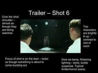 Over the shot
                     Trailer – Shot 6
shoulder –
almost as
though they                                               Two
are being                                                 characters
watched.                                                  are brightly
                                                          lit up -
                                                          contrast to
                                                          rest of
                                                          room



  Focus of shot is on the door – looks   Dark ad damp, flickering
  as though something is about to        lighting – eerie, builds
  come bursting out                      suspense. Typical
                                         thriller/horror scene.
 
