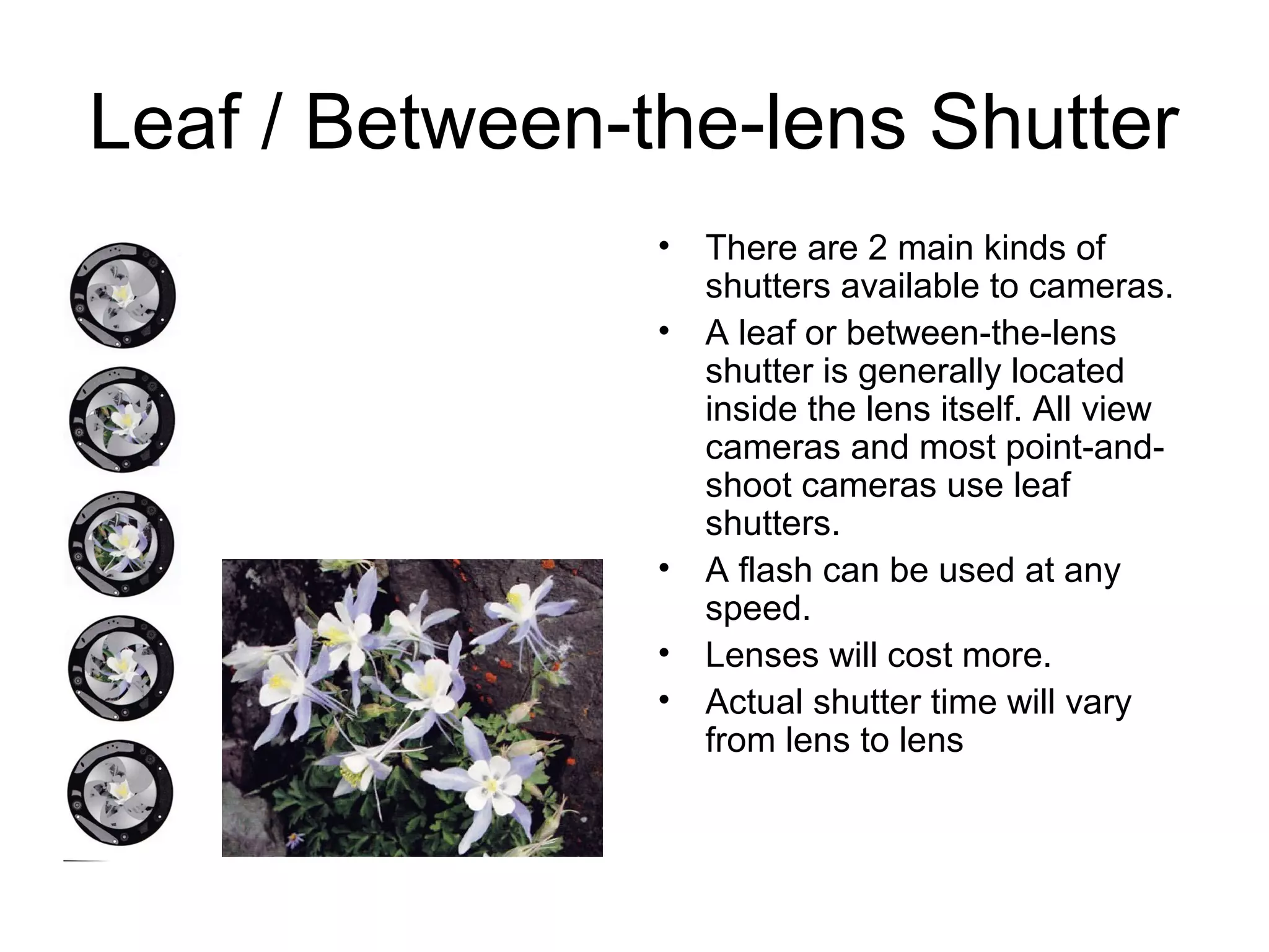 Leaf / Between-the-lens Shutter
• There are 2 main kinds of
shutters available to cameras.
• A leaf or between-the-lens
shutter is generally located
inside the lens itself. All view
cameras and most point-and-
shoot cameras use leaf
shutters.
• A flash can be used at any
speed.
• Lenses will cost more.
• Actual shutter time will vary
from lens to lens
 