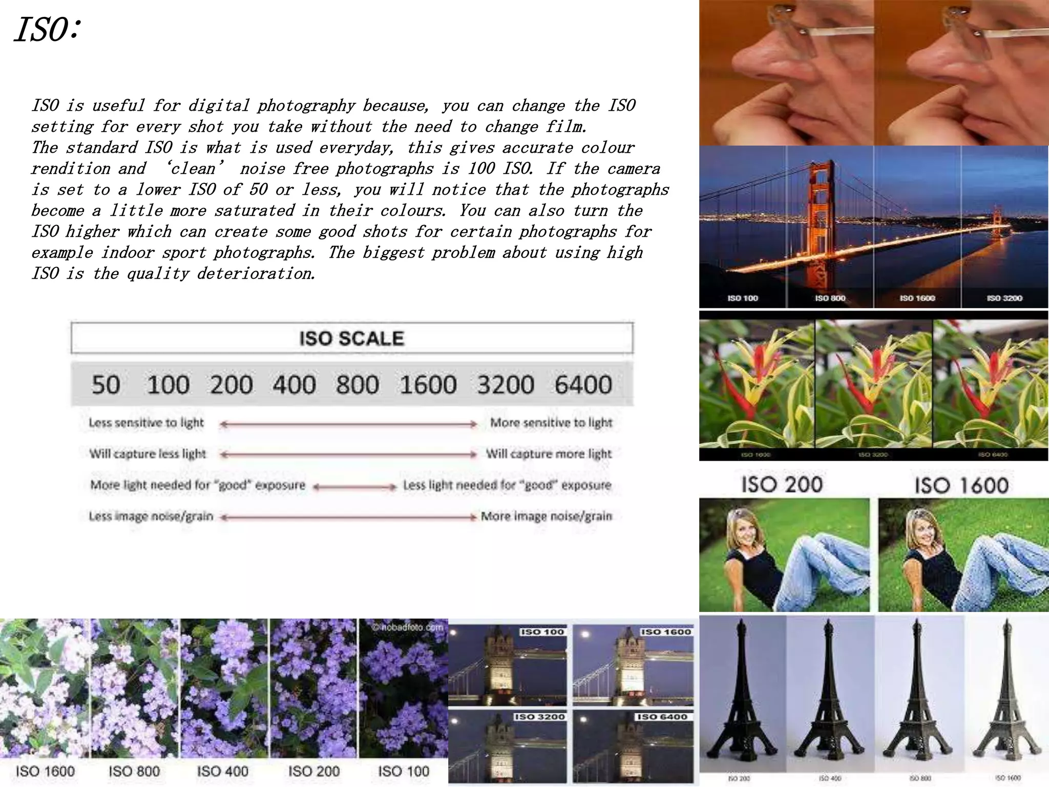 ISO:
ISO is useful for digital photography because, you can change the ISO
setting for every shot you take without the need to change film.
The standard ISO is what is used everyday, this gives accurate colour
rendition and ‘clean’ noise free photographs is 100 ISO. If the camera
is set to a lower ISO of 50 or less, you will notice that the photographs
become a little more saturated in their colours. You can also turn the
ISO higher which can create some good shots for certain photographs for
example indoor sport photographs. The biggest problem about using high
ISO is the quality deterioration.

 