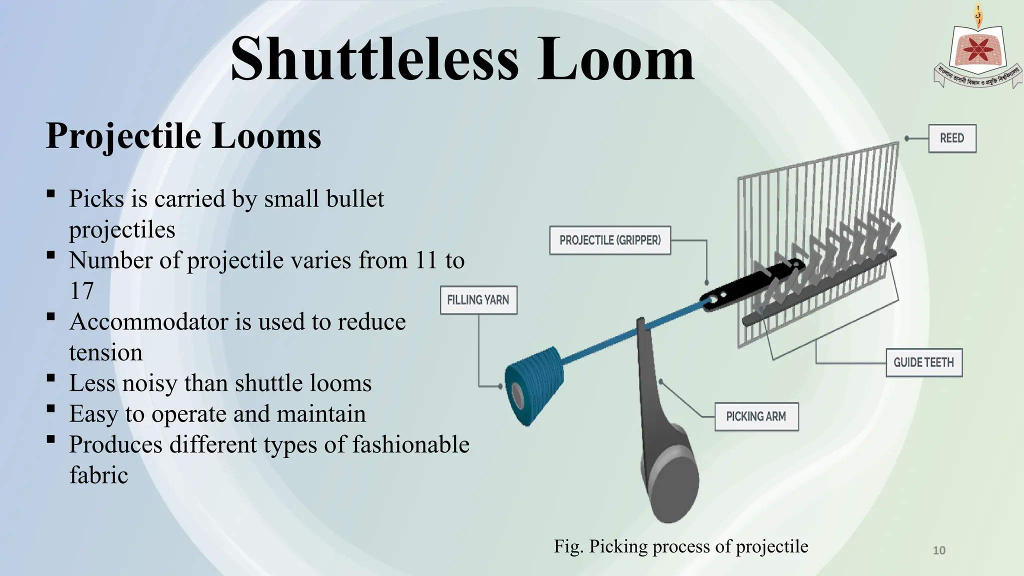 Shuttleless Loom
Projectile Looms
 Picks is carried by small bullet
projectiles
 Number of projectile varies from 11 to
17
 Accommodator is used to reduce
tension
 Less noisy than shuttle looms
 Easy to operate and maintain
 Produces different types of fashionable
fabric
Fig. Picking process of projectile 10
 