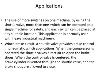Applications
• The use of more switches on one machine: by using the
shuttle valve, more than one switch can be operated on a
single machine for safety, and each switch can be placed at
any suitable location. This application is normally used
with heavy industrial machinery.
• Winch brake circuit: a shuttle valve provides brake control
in pneumatic winch applications. When the compressor is
operated the shuttle valves direct air to open the brake
shoes. When the control valve is centered, the
brake cylinder is vented through the shuttle valve, and the
brake shoes are allowed to close.
 