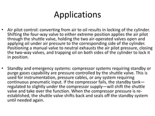 Applications
• Air pilot control: converting from air to oil results in locking of the cylinder.
Shifting the four-way valve to either extreme position applies the air pilot
through the shuttle valve, holding the two air-operated valves open and
applying oil under air pressure to the corresponding side of the cylinder.
Positioning a manual valve to neutral exhausts the air pilot pressure, closing
the two-way valves, and trapping oil on both sides of the cylinder to lock it
in position.
• Standby and emergency systems: compressor systems requiring standby or
purge gases capability are pressure controlled by the shuttle valve. This is
used for instrumentation, pressure cables, or any system requiring
continuous pneumatic input. If the compressor fails, the standby tank—
regulated to slightly under the compressor supply—will shift the shuttle
valve and take over the function. When the compressor pressure is re-
established, the shuttle valve shifts back and seals off the standby system
until needed again.
 