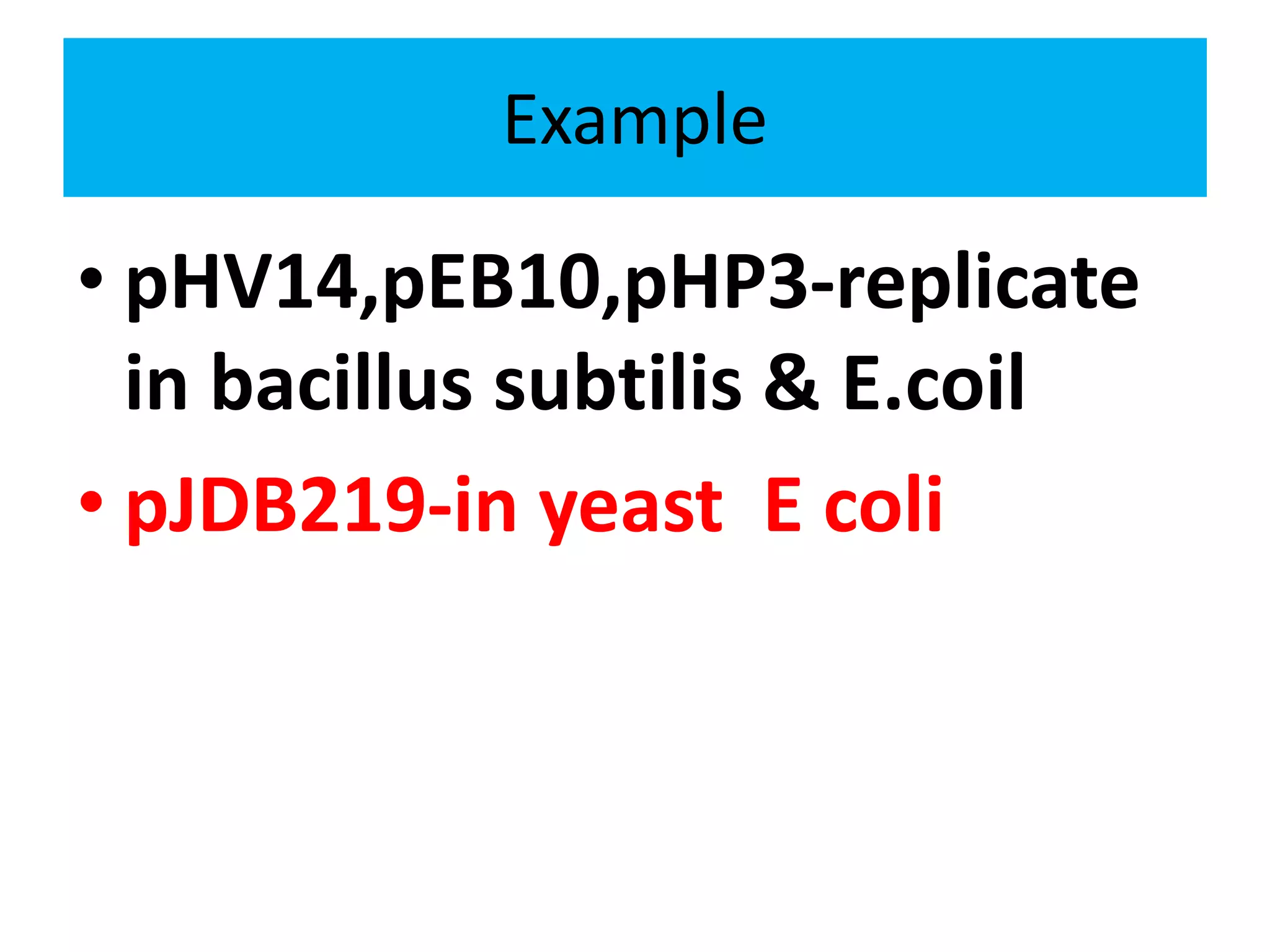 Example
• pHV14,pEB10,pHP3-replicate
in bacillus subtilis & E.coil
• pJDB219-in yeast E coli
 