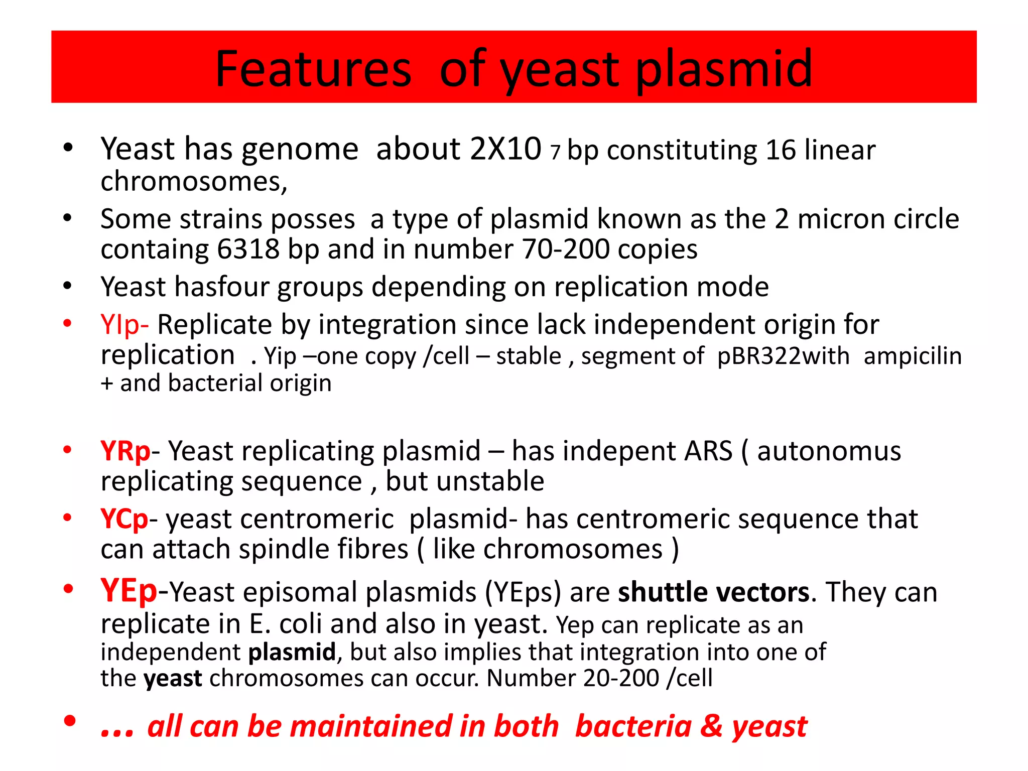 Features of yeast plasmid
• Yeast has genome about 2X10 7 bp constituting 16 linear
chromosomes,
• Some strains posses a type of plasmid known as the 2 micron circle
containg 6318 bp and in number 70-200 copies
• Yeast hasfour groups depending on replication mode
• YIp- Replicate by integration since lack independent origin for
replication . Yip –one copy /cell – stable , segment of pBR322with ampicilin
+ and bacterial origin
• YRp- Yeast replicating plasmid – has indepent ARS ( autonomus
replicating sequence , but unstable
• YCp- yeast centromeric plasmid- has centromeric sequence that
can attach spindle fibres ( like chromosomes )
• YEp-Yeast episomal plasmids (YEps) are shuttle vectors. They can
replicate in E. coli and also in yeast. Yep can replicate as an
independent plasmid, but also implies that integration into one of
the yeast chromosomes can occur. Number 20-200 /cell
• ... all can be maintained in both bacteria & yeast
 