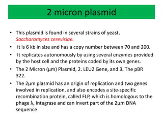 2 micron plasmid
• This plasmid is found in several strains of yeast,
Saccharomyces cerevisiae.
• It is 6 kb in size and has a copy number between 70 and 200.
• It replicates autonomously by using several enzymes provided
by the host cell and the proteins coded by its own genes.
• The 2 Micron (µm) Plasmid, 2. LEU2 Gene, and 3. The pBR
322.
• The 2µm plasmid has an origin of replication and two genes
involved in replication, and also encodes a site-specific
recombination protein, called FLP, which is homologous to the
phage λ, integrase and can invert part of the 2µm DNA
sequence
 