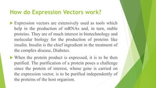 How do Expression Vectors work?
 Expression vectors are extensively used as tools which
help in the production of mRNAs and, in turn, stable
proteins. They are of much interest in biotechnology and
molecular biology for the production of proteins like
insulin. Insulin is the chief ingredient in the treatment of
the complex disease, Diabetes.
 When the protein product is expressed, it is to be then
purified. The purification of a protein poses a challenge
since the protein of interest, whose gene is carried on
the expression vector, is to be purified independently of
the proteins of the host organism.
 