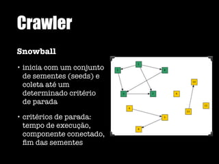 Crawler
Snowball
• inicia com um conjunto
de sementes (seeds) e
coleta até um
determinado critério
de parada
• critérios de parada:
tempo de execução,
componente conectado,
ﬁm das sementes
 